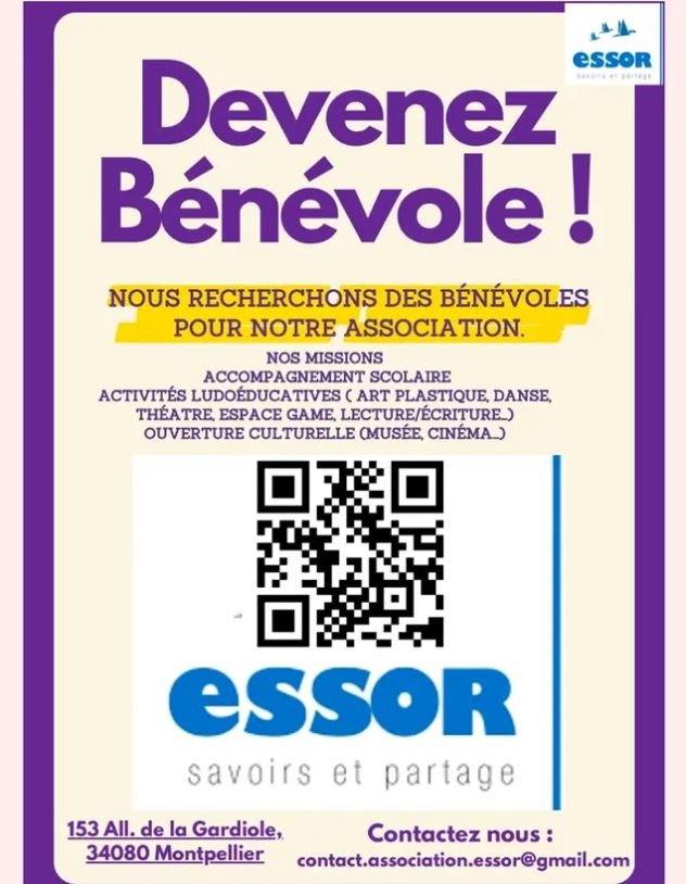 Affiche Devenez bénévole : nous recherchons des bénévoles pour l'accompagnement scolaire, les activités ludo-éducatives et l'ouverture culturelle