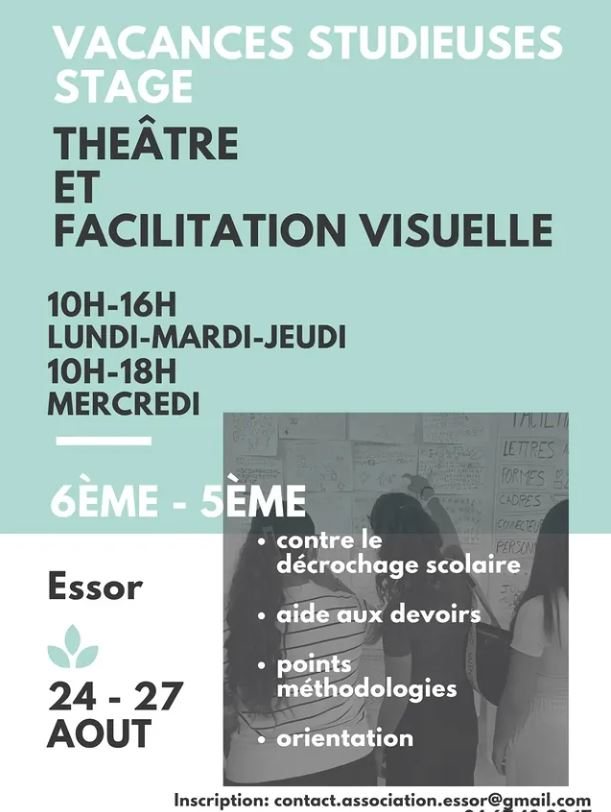 Affiche des vacances studieuses, stage théâtre et facilitation visuelle pour les 6e et 5e, du 24 au 27 août, contre le décrochage scolaire, aide aux devoirs, points méthodologiques, orientation